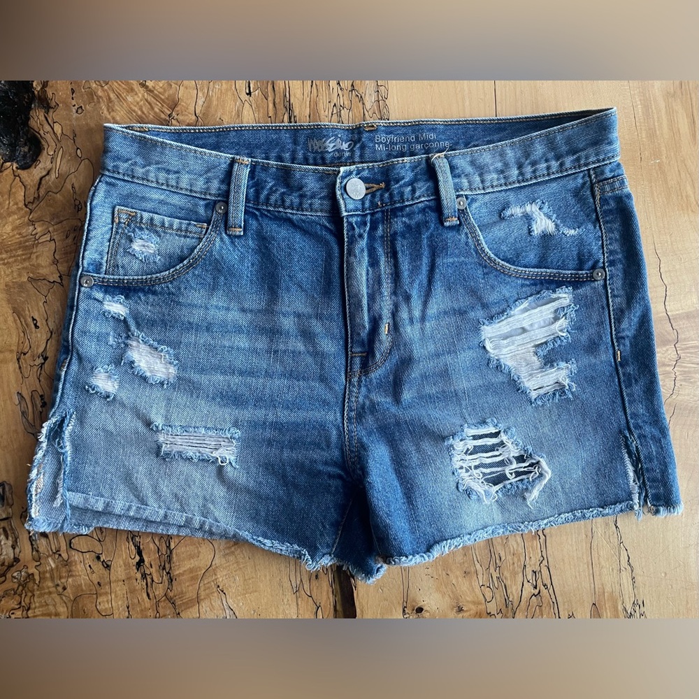 Mossimo Boyfriend Midi Blue Distressed Denim Shorts
